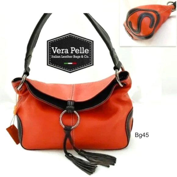 VERA PELLE Orange Leather Shoulder Satchel Bag Brown Trim Flaps w/ Tassels Zips - Picture 1 of 10